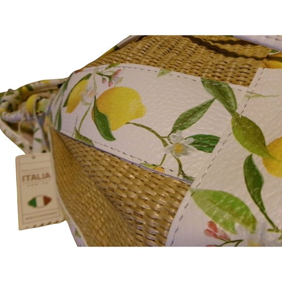 NEW Valentina Italia Lemon Print & Woven Panel Bucket Bag With Drawstring Closur - Picture 4 of 16